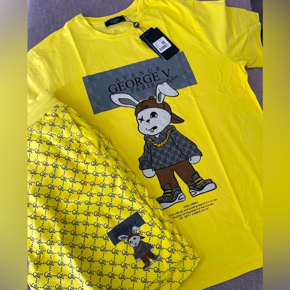 Avenue George V Paris Short Set Men's 2 piece set Yellow Rabbit Rhinestone 3XL - Picture 2 of 13